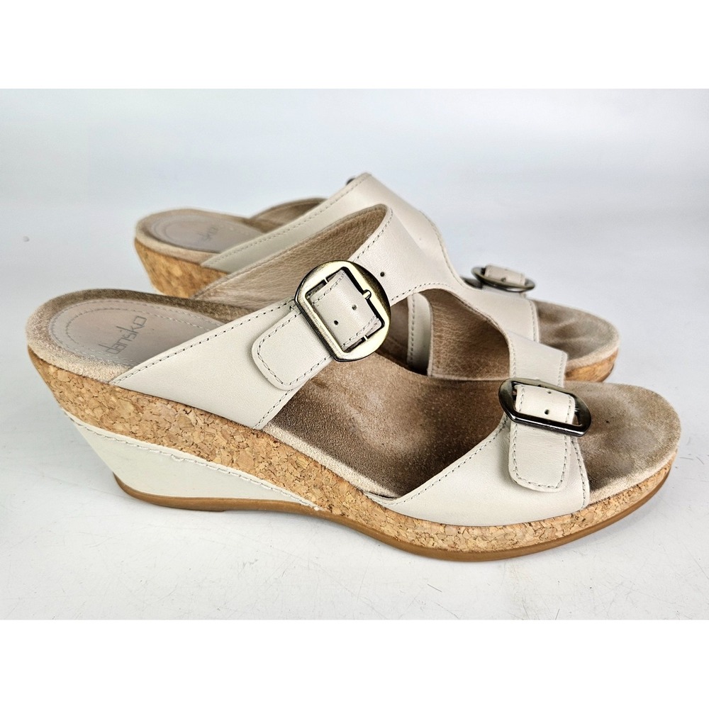 Dansko Carla Cork Wedge Leather Ivory Buckle Closure Size 40 / 10 Open Toe